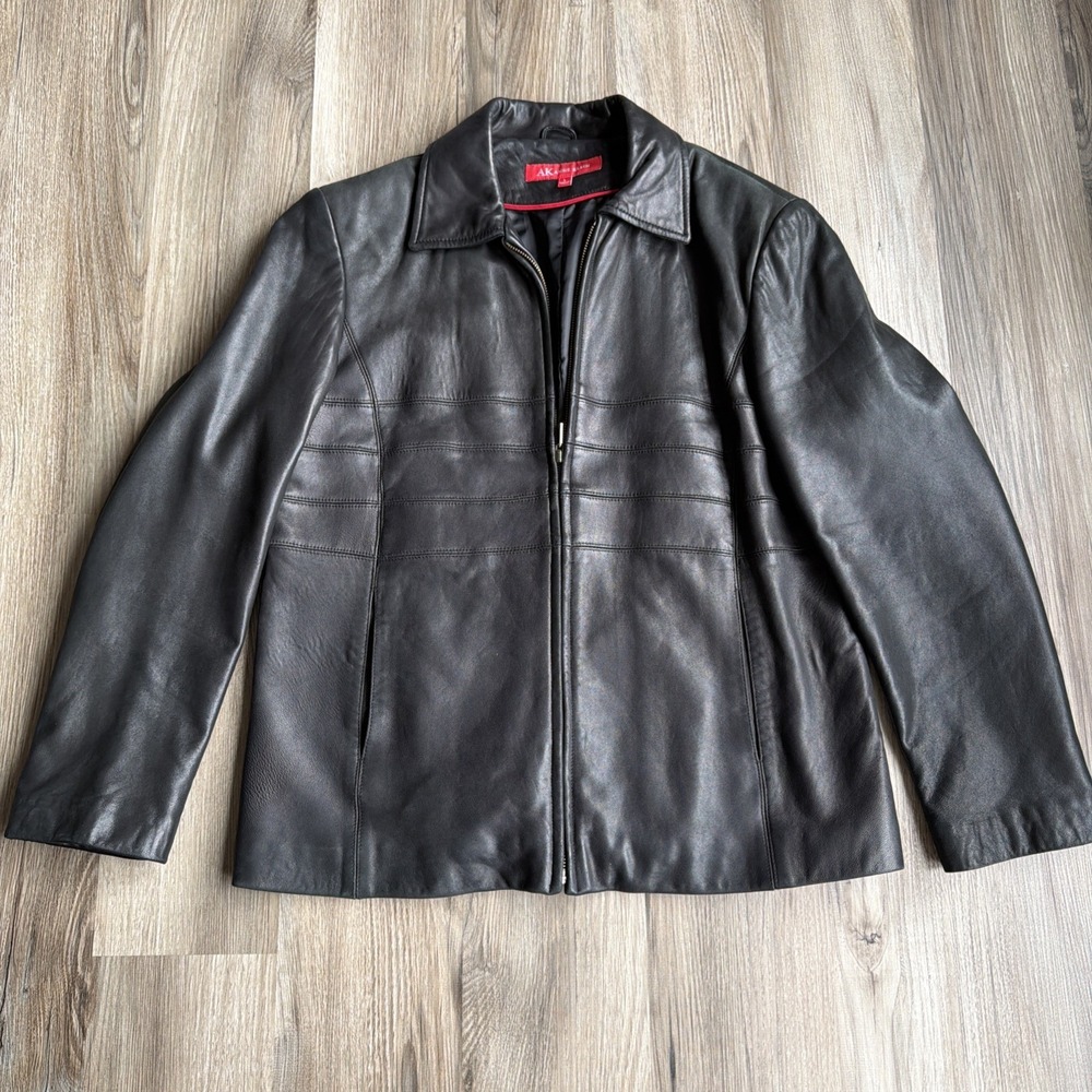Vintage Anne Klein Black Soft Leather Full Zip Jacket Womens L Moto Biker Grunge